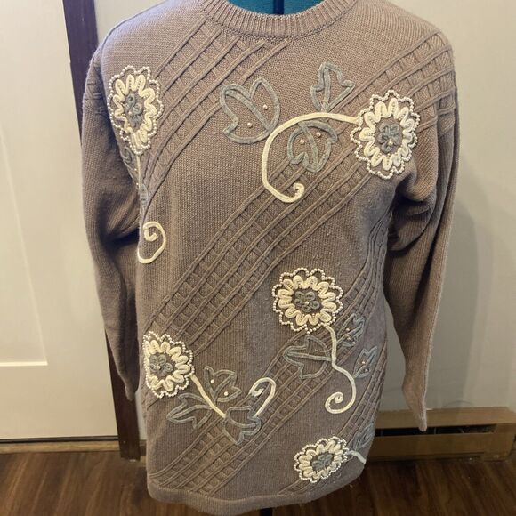 Jubiana Women Brown Bead Embellished Grandma Sheik Wool Blend Sweater Size L - Picture 1 of 8